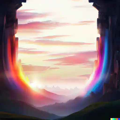 DALL·E 2022 10 25 17.05.12   a colorful Portal to another dimension as Breakthrough in a wall and behind are the tops of the mountains with a sunrise, digital Art  gigapixel low_res scale 6_00x